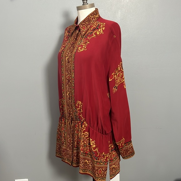 Vintage red silk elastic band waist collared button down gold print shirt sz M - Picture 5 of 17